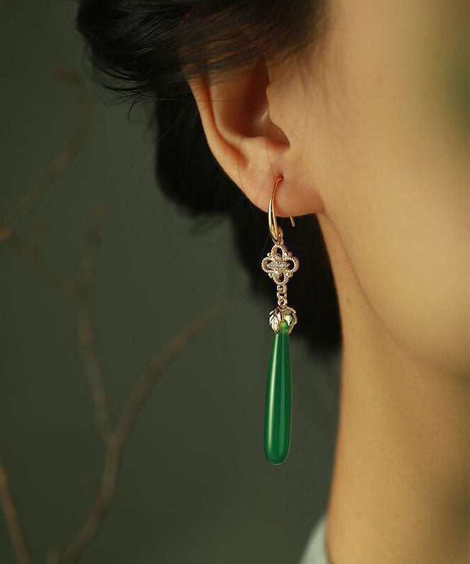 Green Agate Copper Overgild Tassle Drop Earrings