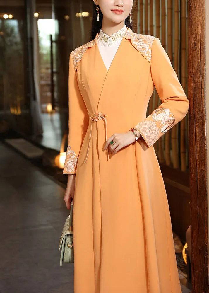 Black V Neck Embroideried Button Long Coats Fall