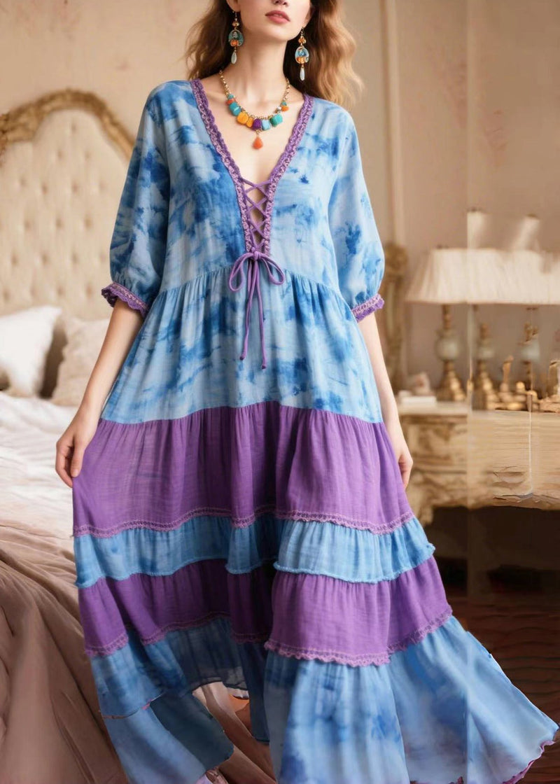 Blue Tie Dye Patchwork Cross Strap Holiday Dress Summer