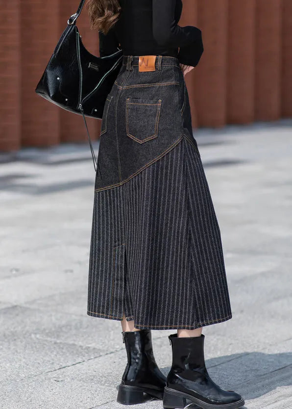 Unique Dark Grey Pockets Patchwork Denim Skirts Spring