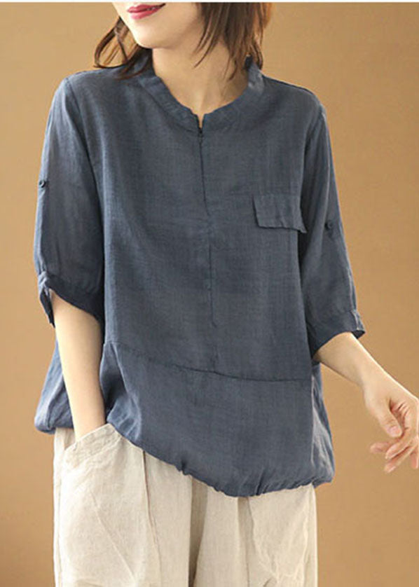 Stylish Army Green O-neck Zip Up Patchwork Linen Blouse Top Short Sleeve