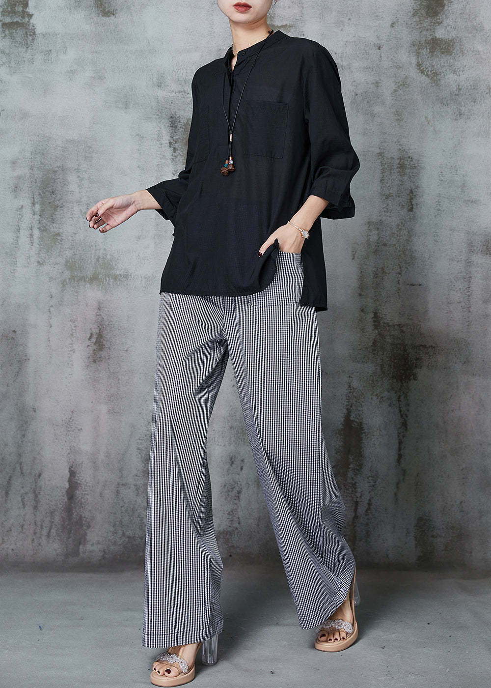 Black Oversized Plaid Linen 2 Piece Outfit Spring
