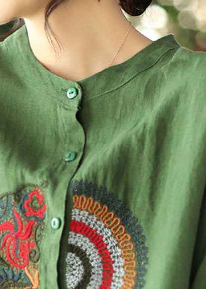 Green Embroideried Asymmetrical Design Linen Shirts Spring