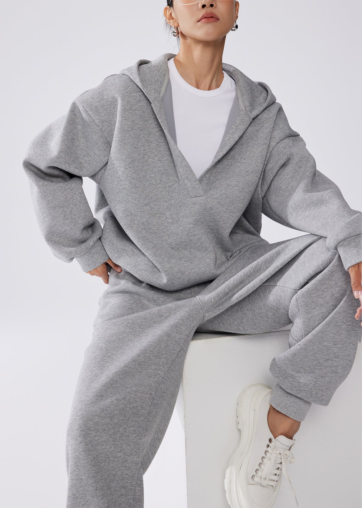Grey Hooded Cotton Pullover Sweatshirt Two Pieces Set Fall