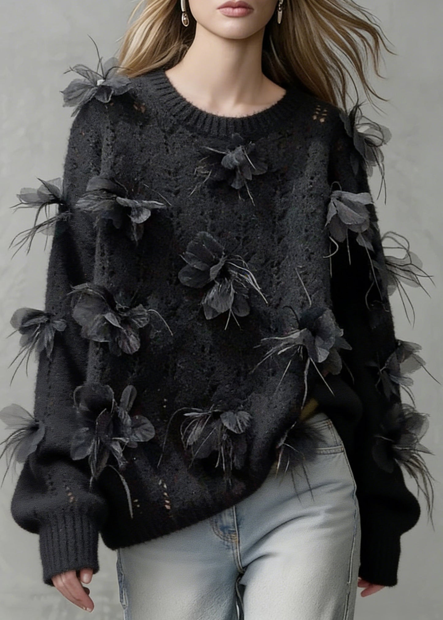 Black O-neck Hollow Out Knit Sweaters