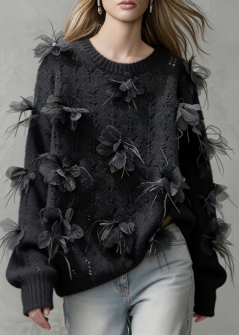 Black O-neck Hollow Out Knit Sweaters