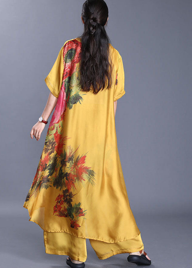 Yellow Print Silk Two Piece Set Asymmetrical Design Short Sleeve