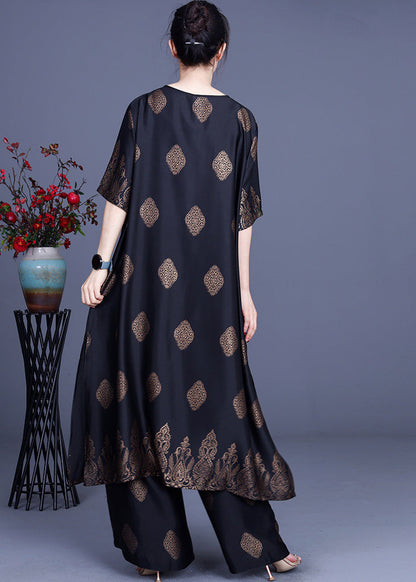 Black Side Open V Neck Silk Long Top and Pants Two Piece Set Outfits Summer