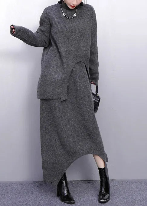 Grey High Neck Side Open Knit Two Pieces Set Winter