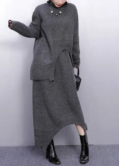 Grey High Neck Side Open Knit Two Pieces Set Winter