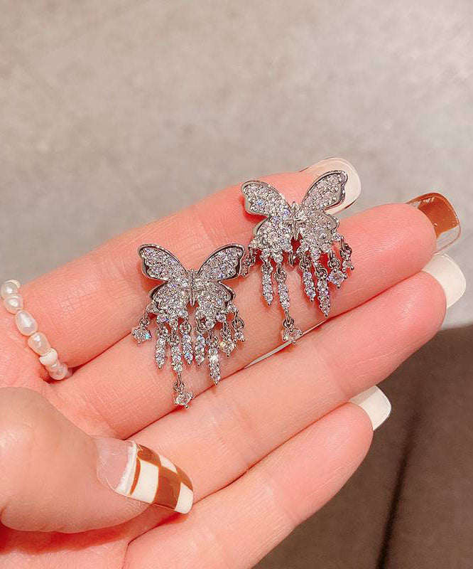 Silk Sterling Silver Alloy Inlaid Zircon Butterfly Tassel Drop Earrings