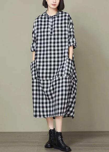 Big Plaid Pockets Patchwork Cotton Long Dresses Fall