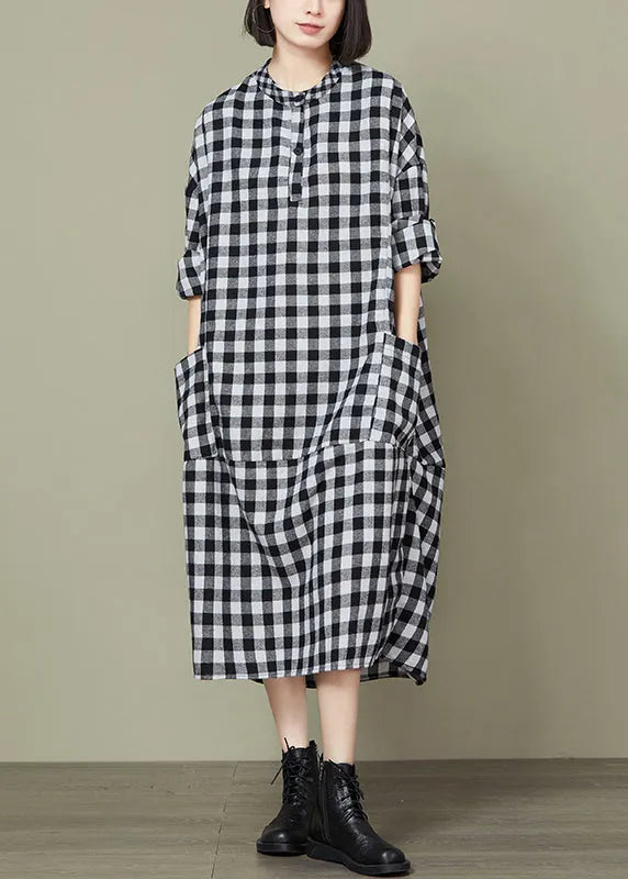 Big Plaid Pockets Patchwork Cotton Long Dresses Fall