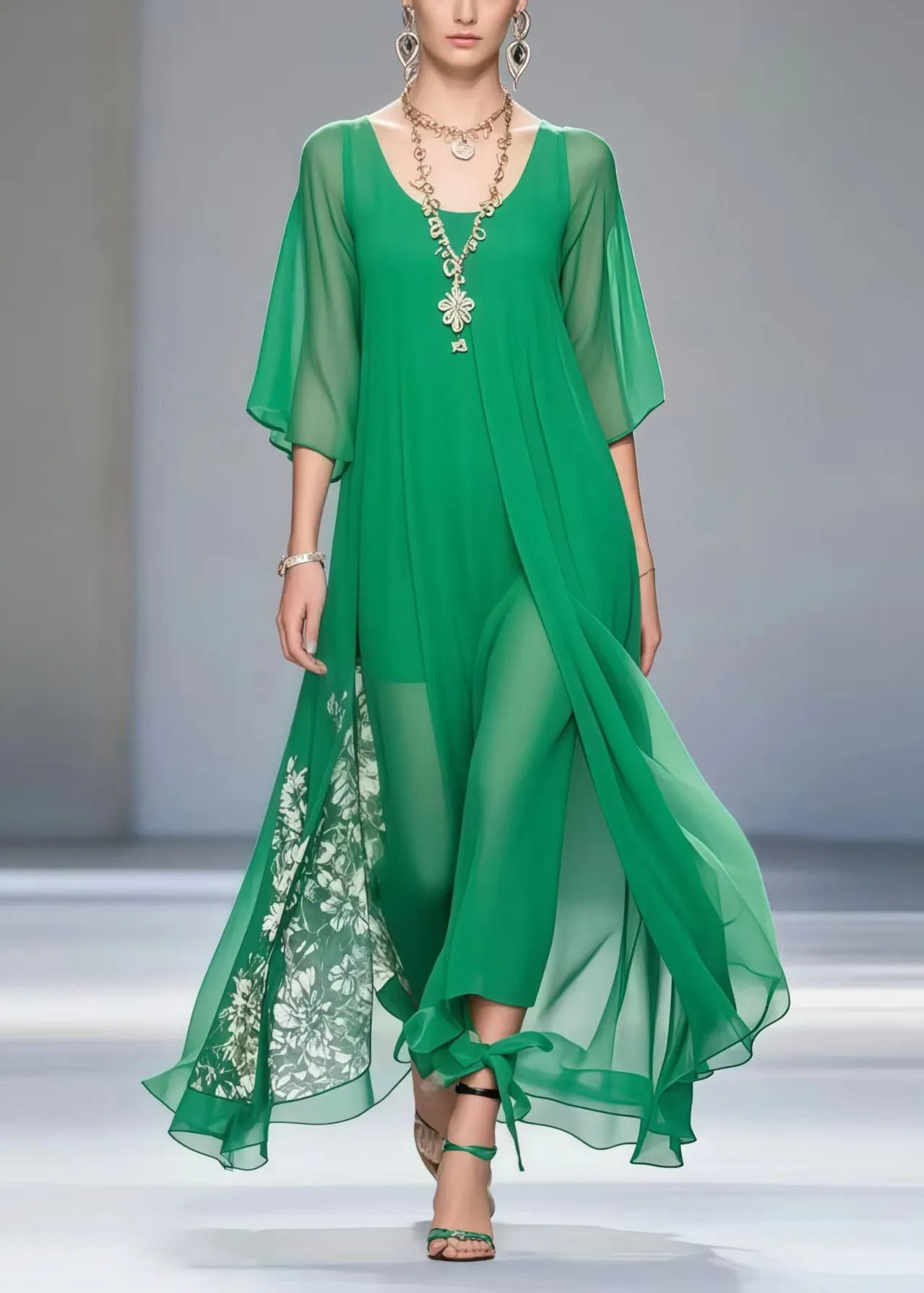 Fitted Tea Green Oversized Draping Chiffon Dress Summer