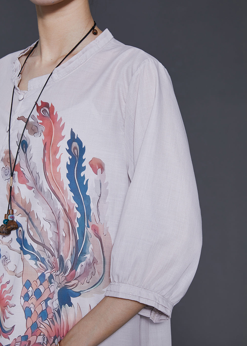 Art Beige Phoenix Print Linen Blouses Bracelet Sleeve