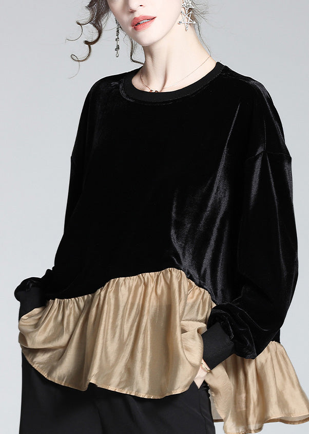 Stylish Black O-neck Patchwork Velour T Shirt Spring