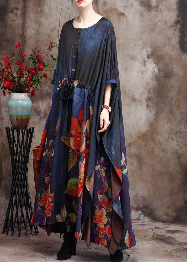 Loose Print Silk Dress Tie Waist Maxi Dress