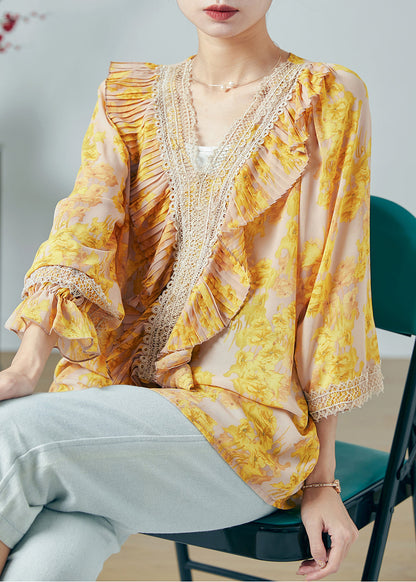 Diy Yellow Ruffled Print Chiffon Top Summer