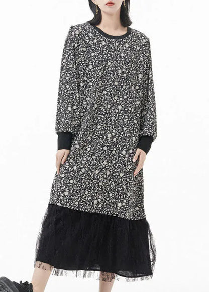 Black O-neck Print Tulle Patchwork Silk Party Dress Spring