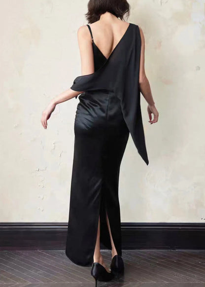Black Asymmetrical Side Open Silk Dresses Sleeveless