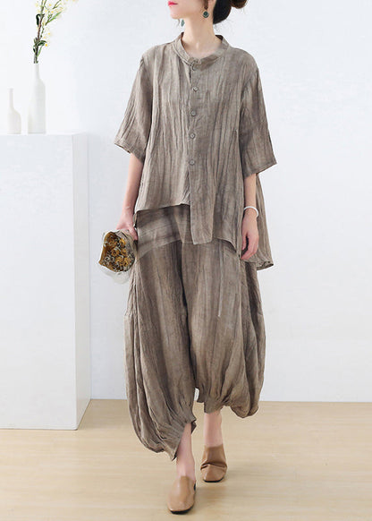Khaki Asymmetrical Tie Dye Lace Up Linen Two Pieces Set Fall