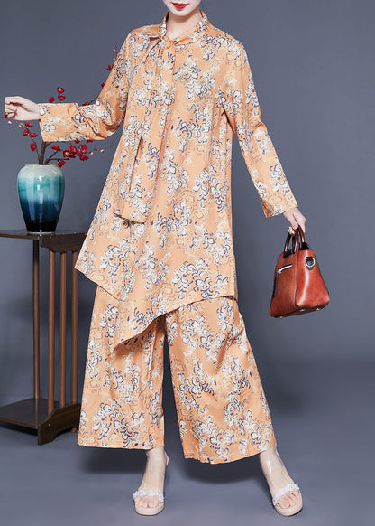 Modern Khaki Bow Asymmetrical Design Print Silk Two Piece Set Clothing Spring