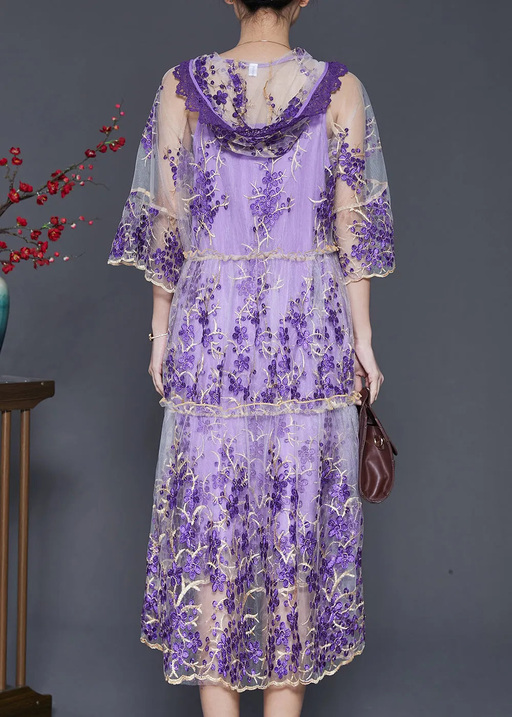 Purple Embroidered Tulle Dress Two Pieces Set Summer