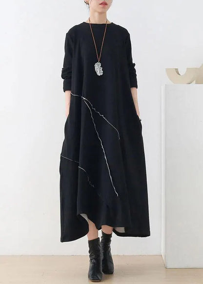Natural Black O-neck Patchwork Fall Knit Dress Long Sleeve