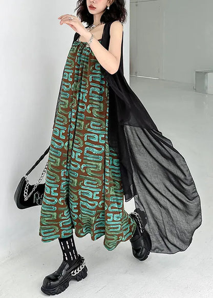 Black Waistcoat and Spaghetti Strap Dress Patchwork Chiffon Two Pieces Set Sleeveless