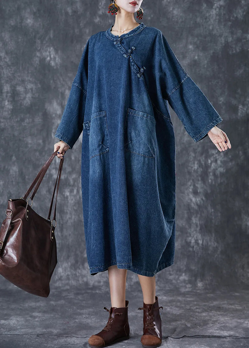 Navy Oversized Chinese Button Denim Maxi Dress Fall