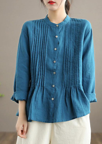 French Blue Blouse Stand Collar Cinched Art Spring Top