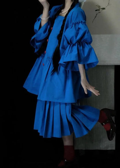Classy Blue Square Collar Wrinkled Button Top and Skirts Two Pieces Set Spring