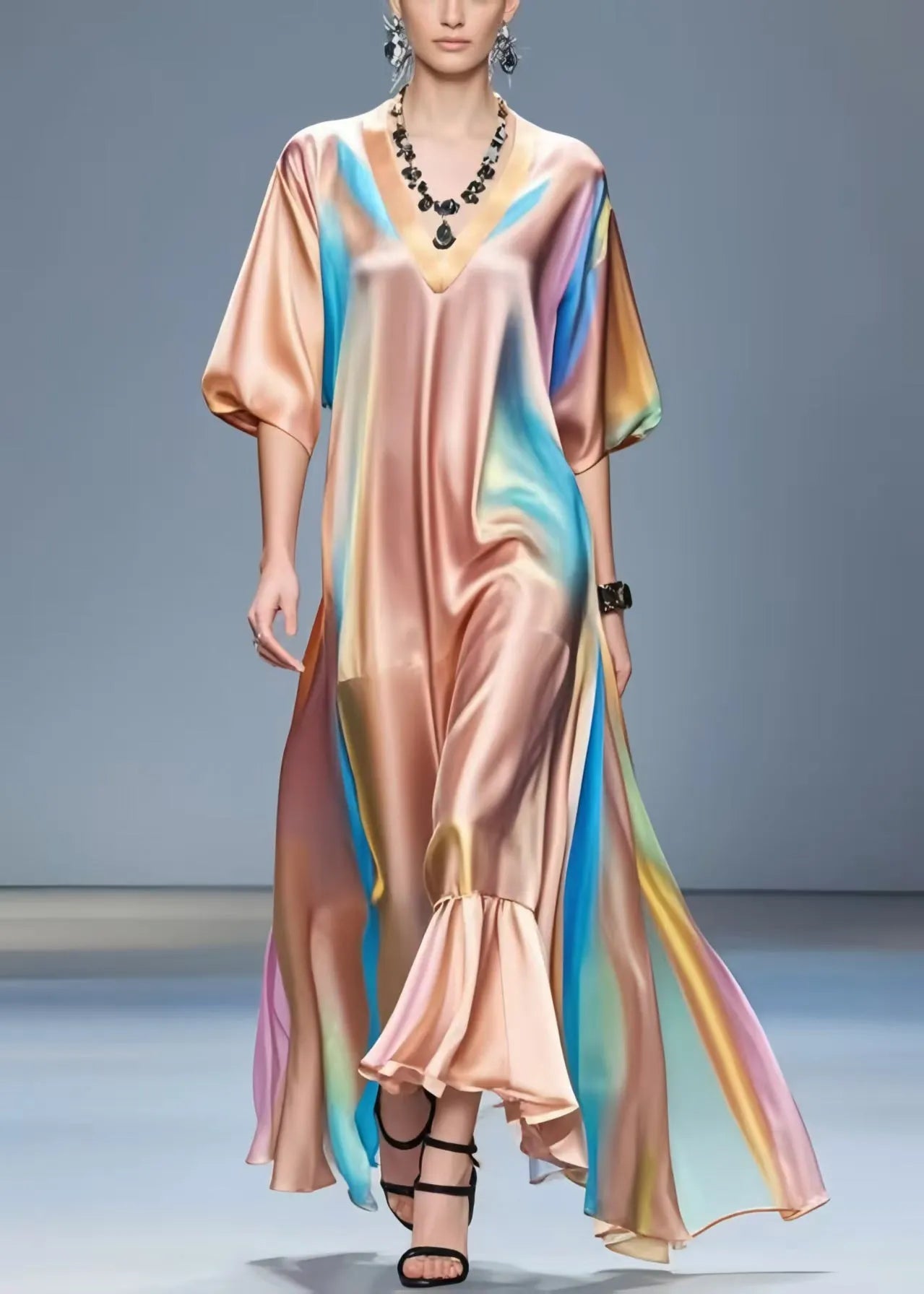 V Neck Tie Dye Silk Vacation Dresses Half Sleeve Summer