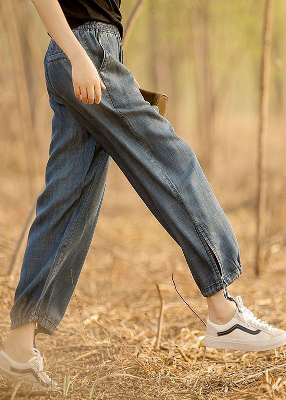 Denim Blue Elastic Waist Drawstring Draping Cotton Beam Pants Trousers Summer