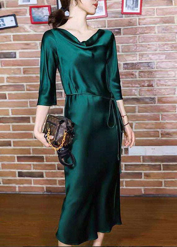 Blackish Green Slash Neck Tie Waist Silk Long Dresses Half Sleeve