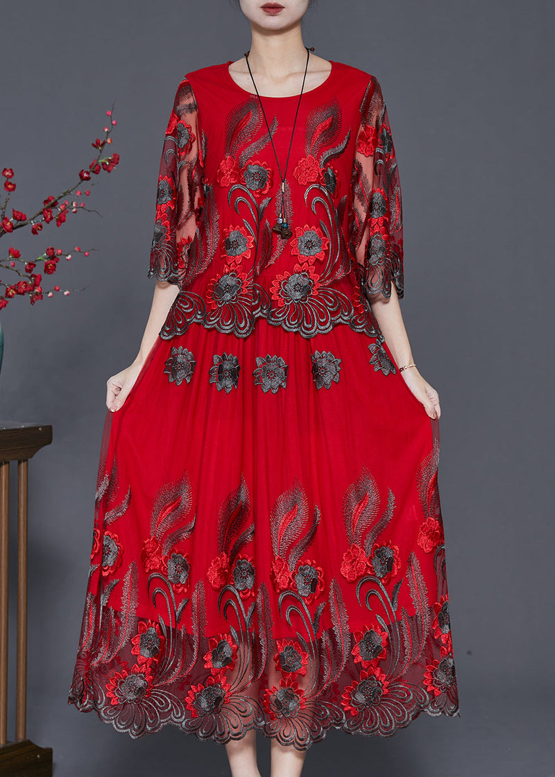 Diy Red Embroidered Tulle Vacation Dresses Summer