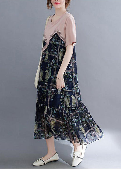 Art Colorblock O-neck Patchwork Ruffles Cotton Dresses Summer
