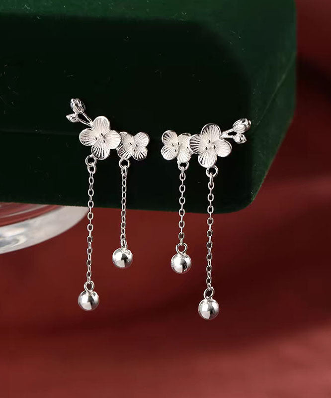 White Sterling Silver Plum Blossom Tassel Drop Earrings
