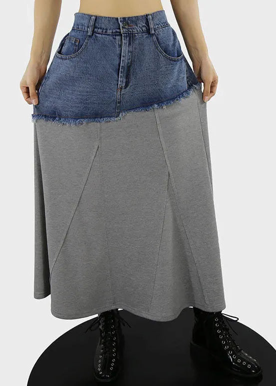 Grey a Line Skirts Denim Patchwork Button Spring