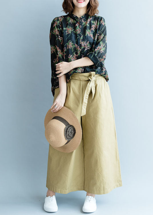 Black Peter Pan Collar Print Linen Shirt Tops Fall