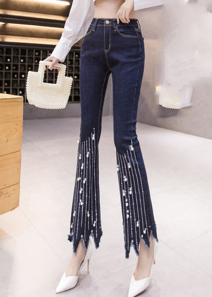Blue High Waist Button Tassel Crop Jeans Spring