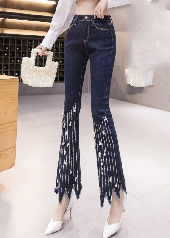 Blue High Waist Button Tassel Crop Jeans Spring
