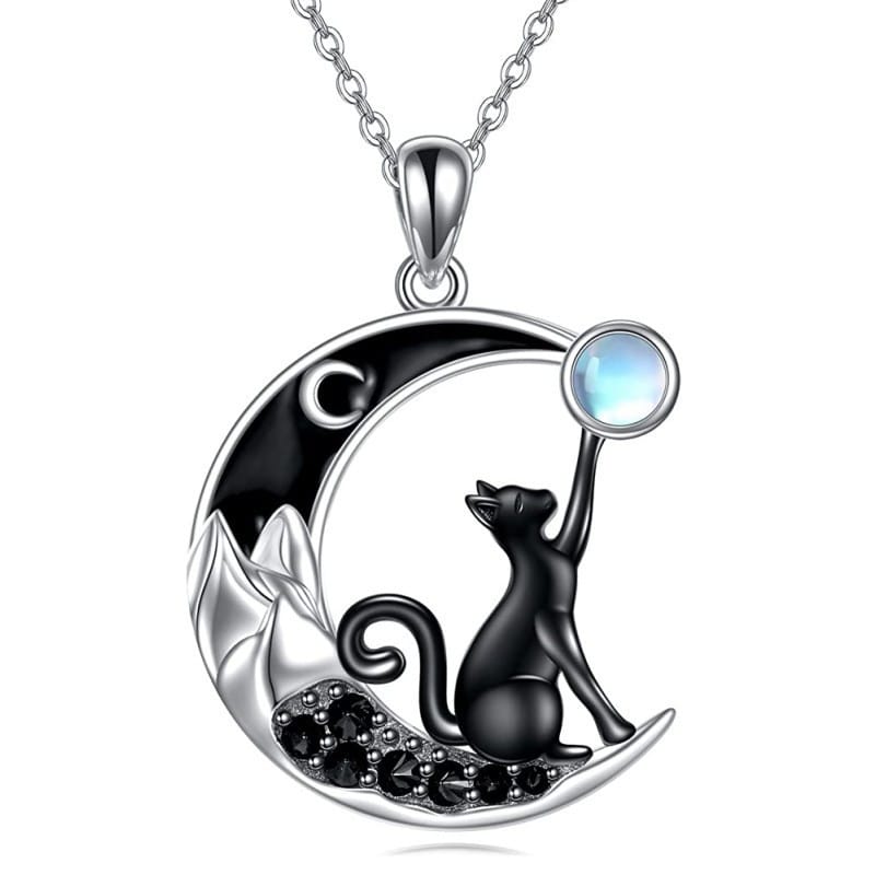 Moonchild's Mystique: Black Cat Crescent Moonstone Talisman Necklace