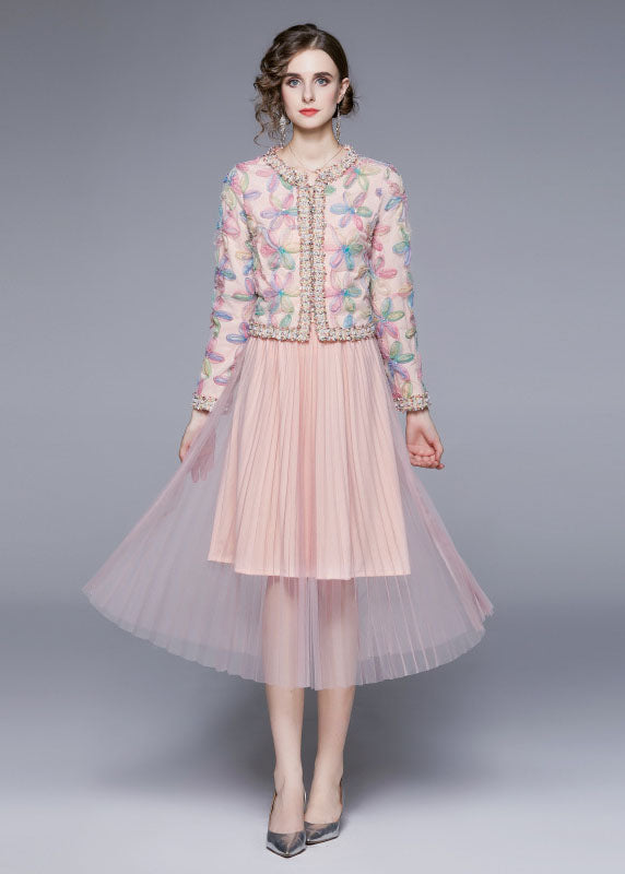 Pink O-neck Print Tulle Two Piece Suit Set Fall