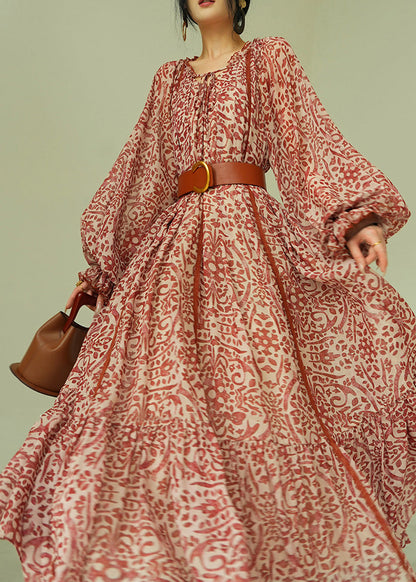 Italian Ruffled Print Lace Up Cotton Long Dress Fall