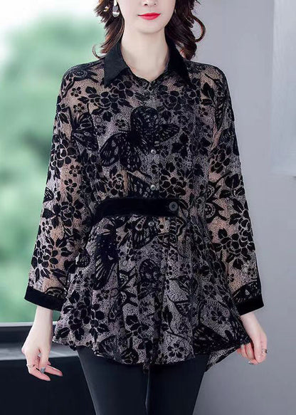 Black Peter Pan Collar Print Patchwork Velour Shirts Tops Fall