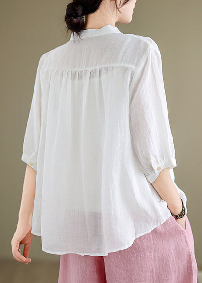 White Button Linen Shirt Peter Pan Collar Summer