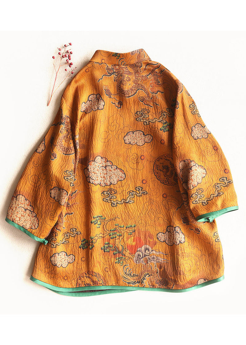 Chinese Style Ginger Stand Collar Button Print Silk Tops Spring