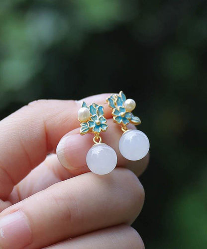 Chinese Style Blue Ancient Gold Jade Pearl Drop Earrings