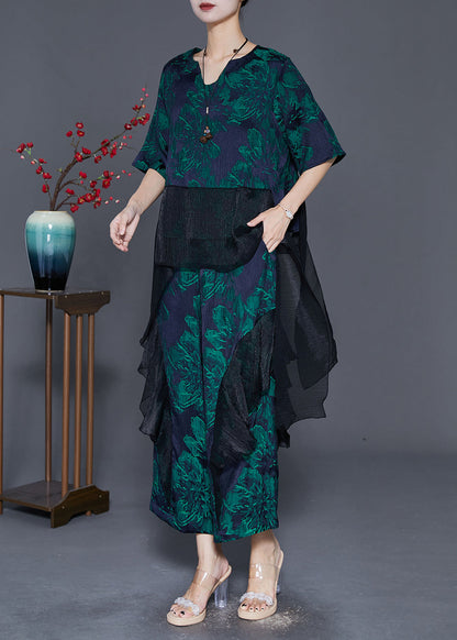Stylish Green Oversized Patchwork Print Silk Two-piece Set Fall
